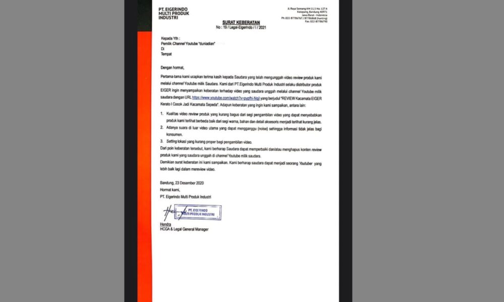 Bos Eiger Akui Perintahkan Kirim Surat Keberatan Kepada YouTuber