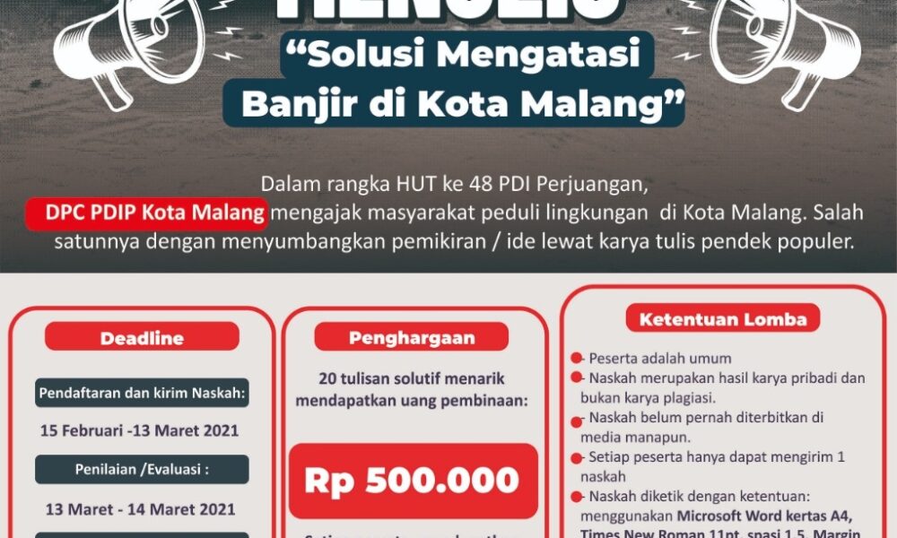 Invitasi Menulis DPC PDIP Kota Malang Berhadiah Rp 10 Juta