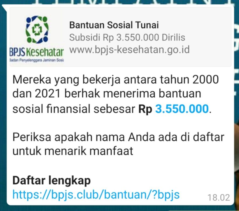 Rp 3,5 Juta Bantuan Dari BPJS Dipastikan Hoaks