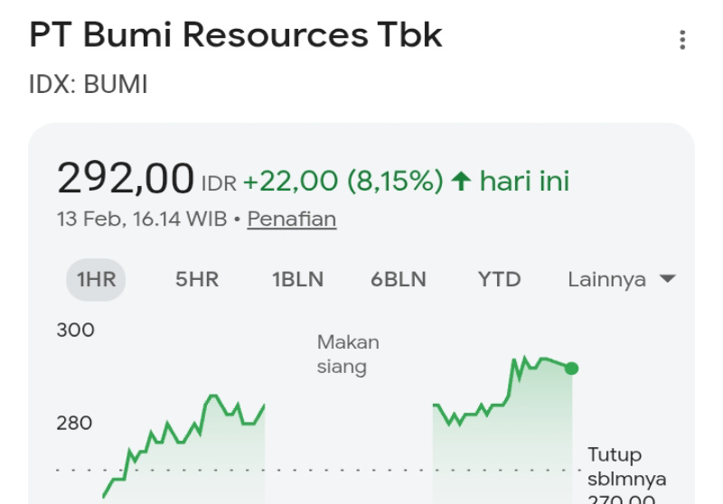 Analisis Saham BUMI 13 Februari 2026: Harga Melonjak ke Rp292, Apa Pemicunya?