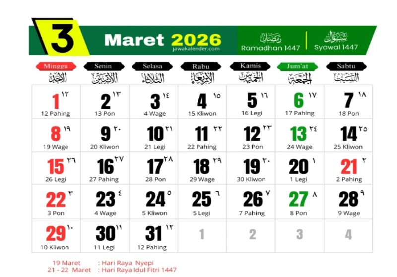Kalender Maret 2026: Daftar Hari Libur Nasional, Cuti Bersama Idulfitri, dan Nyepi