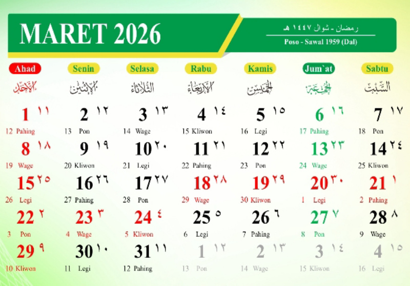 Ada Apa Tanggal 1 Maret 2026? Jadwal Imsakiyah, Hari Nasional, dan Kalender Jawa